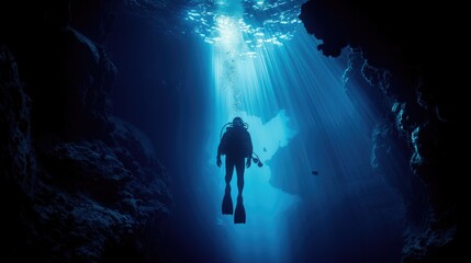 Diver underwater in the blue sea. Scuba diving in the depths of the sea