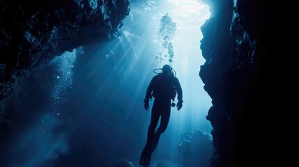 Diver underwater in the blue sea. Scuba diving in the depths of the sea