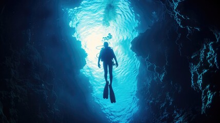 Diver underwater in the blue sea. Scuba diving in the depths of the sea