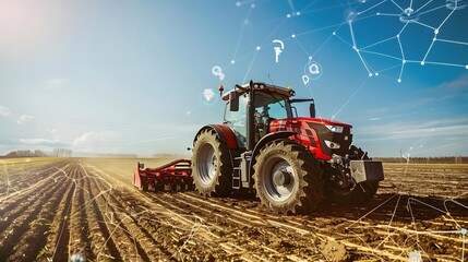 Obraz premium Modern tractor cultivating soil on farm field. Precision agriculture and smart farming technology concept with digital network overlay.