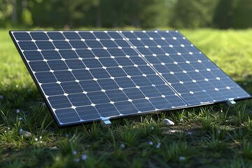 Solar panel generating green energy in a lush field under sunlight, promoting renewable energy solutions for a sustainable future.