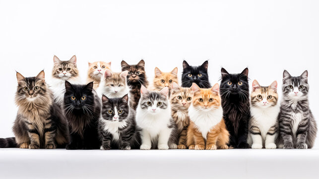 A group of cats are sitting in a row, with some of them being black and white