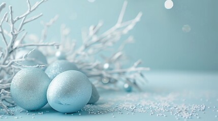 Obraz premium Pastel blue holiday background with silver Easter egg decorations