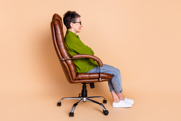 Photo portrait of lovely pensioner lady profile sit armchair dressed stylish green garment isolated on beige color background
