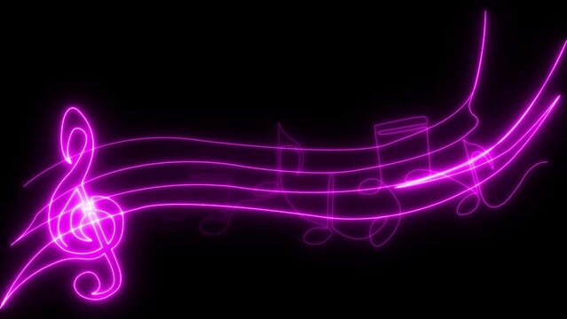 Neon music sheet. Line art. Musical symbols. Isolated on black background. Neon lines. Glowing music icons. Treble Clef. Music note. Musical notes. Music love. Melody, classical, sound design. 
