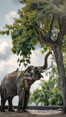 Fototapeta premium Realistic photo of elephant feeding elephant using trunk to gather leaves from tree