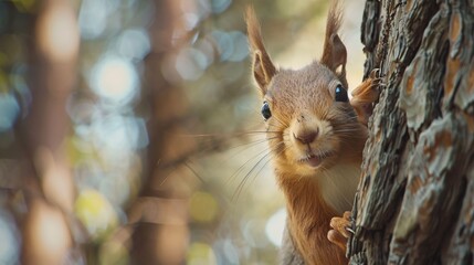 Squirrel poking its head out from behind a tree.