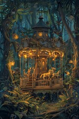 Fototapeta premium Enchanted Fairytale Forest with Illuminated Carousel and Glowing Lanterns