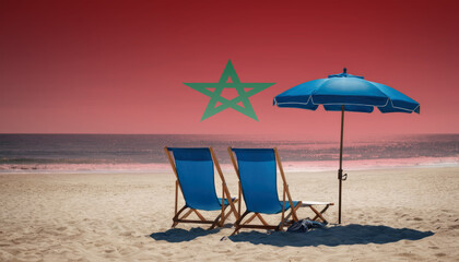 Two blue beach chairs and an umbrella await, inviting travelers to experience a relaxing Morocco beach vacation