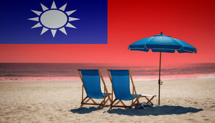 Two blue beach chairs and an umbrella await, inviting travelers to experience a relaxing Taiwan beach vacation