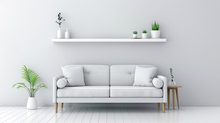 A white sofa with a throw blanket sits in a modern living room, surrounded by plants and candles. The room is decorated with a minimalist style