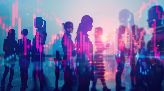 A double exposure of silhouettes of business people with financial graphs and stock market charts, representing the dynamic nature of corporate volume on an online trading platform Generative AI