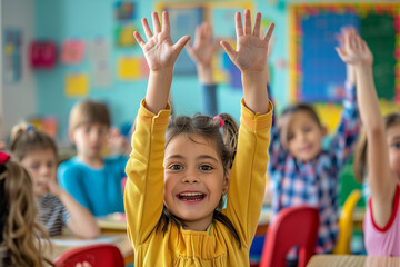 Fototapeta premium Cheerful elementary school students eagerly raising their hands during a tutoring session, with a bright and colorful classroom in the background, capturing their enthusiasm and en
