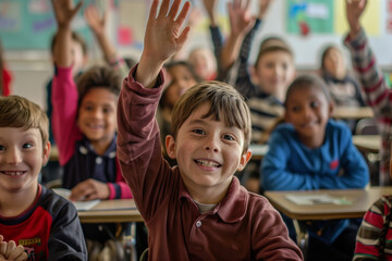 lively scene of elementary school students with big smiles, raising their hands during a school lesson, set in a well-decorated classroom, showcasing their excitement and participa