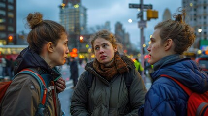 Three women standing on a city street talking to each other. AI.