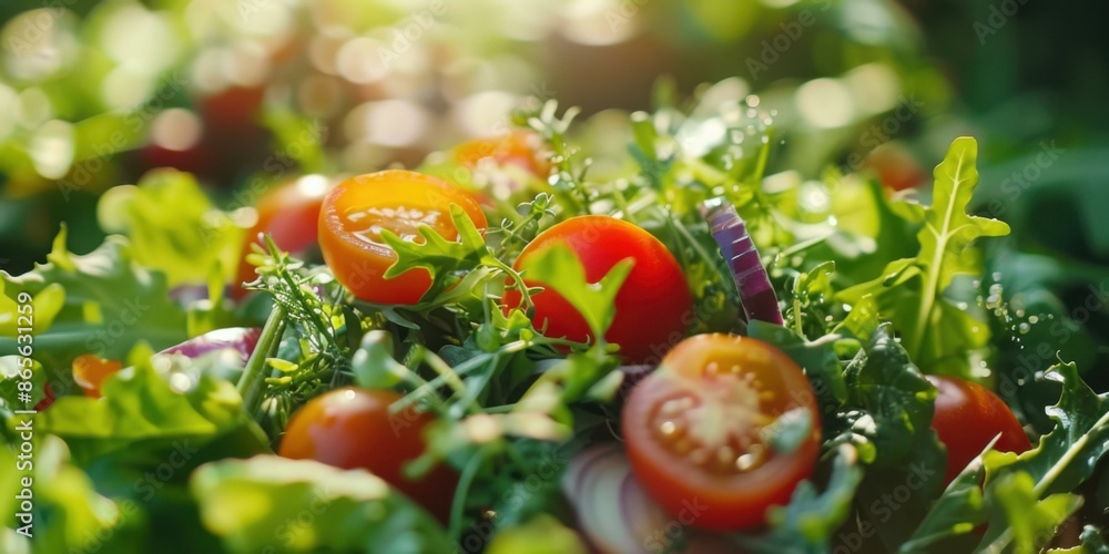 Poster a close up of a salad with tomatoes and onions on it. ai.