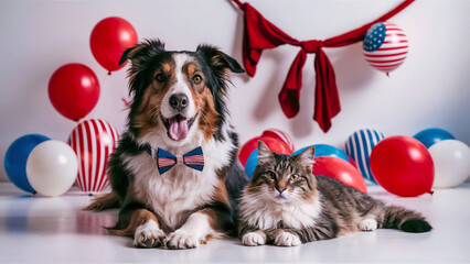 Patriotic Celebration: Border Collie and Furry Striped Gray Cat in Studio with United States of America Independence Day Decoration.