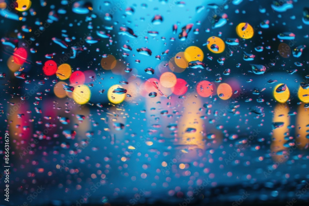 Poster a view of a rain covered window with lights in the background. ai.