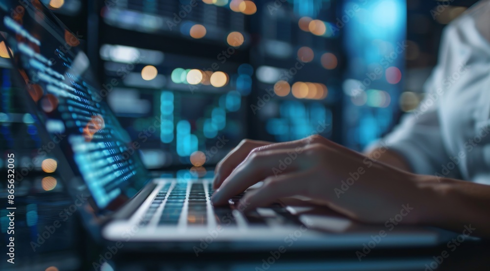 Poster close up of hands typing on a laptop in a data center with colorful monitors