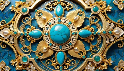 Swirling gold motifs intertwined with turquoise gemstones