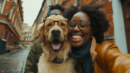 Happy couple taking selfie with golden retriever wearing glasses