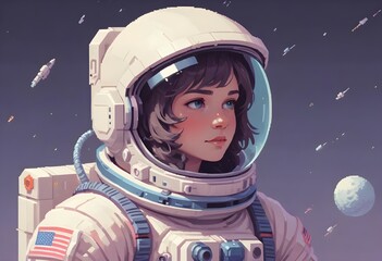 Cute young female astronaute looking at the distance in the sky, glimsping, beautiful night sky behind with planets and stars, pixelart comic
