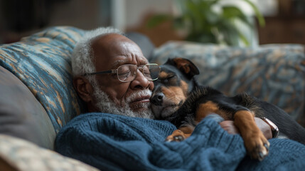 Senior african american man sleeping peacefully embracing his dog on a couch