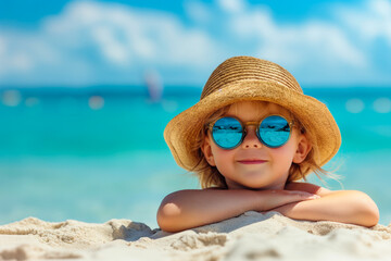 Smiling child in sunglasses and straw hat enjoying a sunny day at the beach