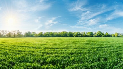 Fototapeta premium A panoramic view of rolling green hills and meadows under a bright blue sky dotted with puffy white clouds