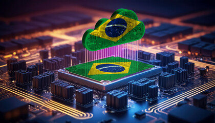 Technology soaring, a Brazil flag-themed cloud hovers above a processor, symbolizing innovation in the digital age