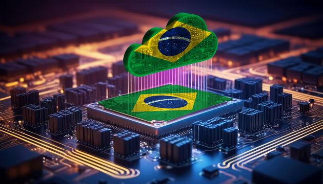 Technology soaring, a Brazil flag-themed cloud hovers above a processor, symbolizing innovation in the digital age