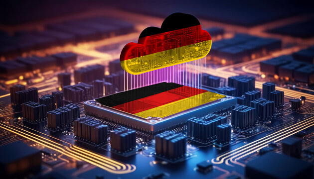 Technology soaring, a Germany flag-themed cloud hovers above a processor, symbolizing innovation in the digital age