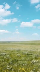 Obraz premium A panoramic view of rolling green hills and meadows under a bright blue sky dotted with puffy white clouds