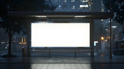Empty billboard mockup at a bus stop on a rainy night, providing advertising space for city commuters. Perfect for showcasing urban marketing campaigns.