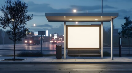 Empty illuminated billboard at a bus stop at night, city traffic background. Concept of advertising, marketing, and urban landscape.