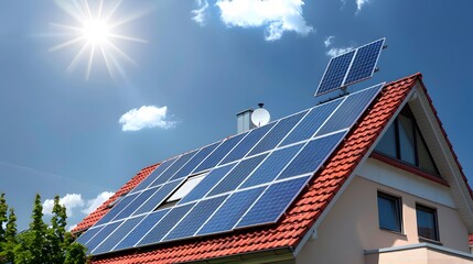Solar panels installed on the roof of a modern house for sustainable energy. Concept of renewable energy, green living, and environmental sustainability.