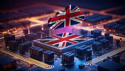 Technology soaring, a United Kingdom flag-themed cloud hovers above a processor, symbolizing innovation in the digital age