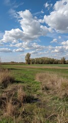 A panoramic view of rolling green hills and meadows under a bright blue sky dotted with puffy white clouds
