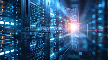 Modern data center with rows of network servers and data processing equipment. Concept of cloud computing, big data, internet technology, and cybersecurity.