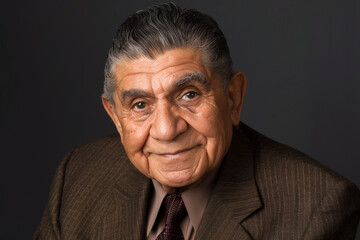 Obraz premium Close-up portrait of a senior Latino man, studio photo, against a sleek gray studio backdrop