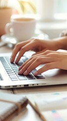 Woman typing on a laptop with coffee in a bright office environment. Suitable for business planning and creative workspaces