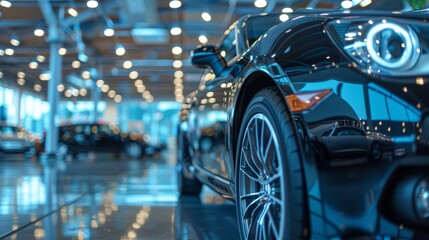 Fototapeta premium Realistic close up photo of car for sale in showroom with soft focus, ideal for buyers