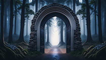 Mystic path in the woods with old stone arch, fairy tale forest. Fantasy landscape, nature details