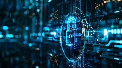 Fototapeta premium Cybersecurity Concept. Digital Padlock Protecting Data Flow on Circuit Board, Symbolizing Online Security and Privacy