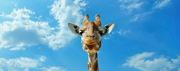 Fototapeta premium A giraffe is looking up at the sky with a smile on its face. The sky is blue with some clouds in the background. Free copy space for text.