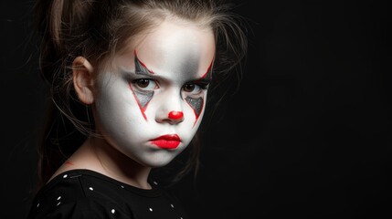 Fototapeta premium A young girl in clown makeup with a serious expression, set against a dark background, capturing a haunting and dramatic mood
