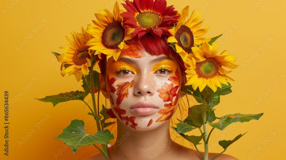 Wall mural A young woman with sunflower face paint and a flower crown on a yellow background, perfect for artistic and seasonal projects