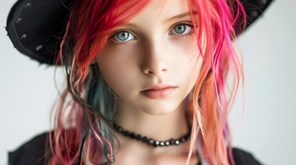 Naklejka premium A girl with vibrant pink and red hair, wearing a black hat, her striking blue eyes gazing intently, set against a soft white background, creating a captivating and artistic portrait