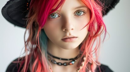 A girl with vibrant pink and red hair, wearing a black hat, her striking blue eyes gazing intently, set against a soft white background, creating a captivating and artistic portrait