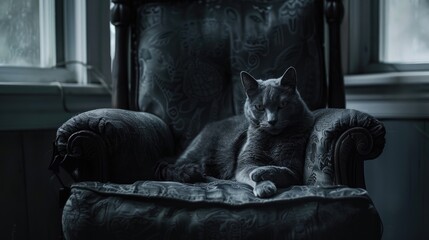 Somber feline on dark armchair